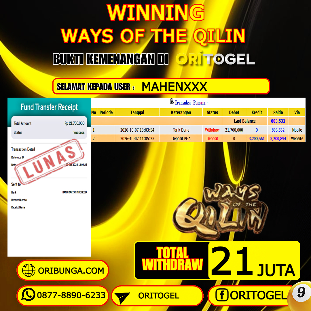 ORITOGEL JACKPOT SLOT WAYS OF THE QILIN RP.21.000.000,- LUNAS USER ID : MAHEN***
