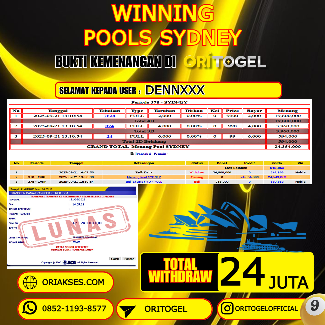 ORITOGEL JACKPOT TOGEL SYDNEY RP.24.000.000,- LUNAS USER ID : DENN****