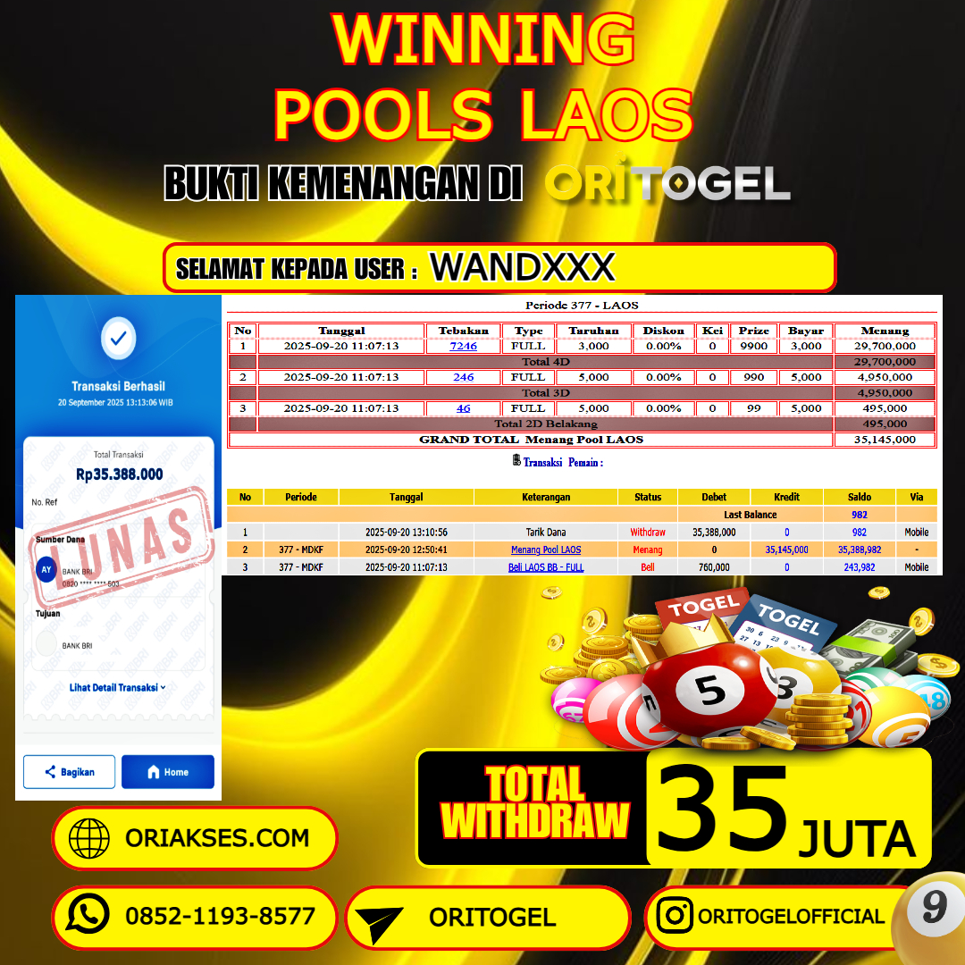 ORITOGEL JACKPOT TOGEL LAOS RP.35.000.000,- LUNAS USER ID : WAND***