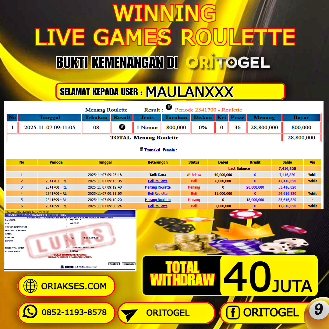 ORITOGEL JACKPOT LIVE GAMES ROULETTE RP.40.000.000,- LUNAS USER ID : MAULAN***