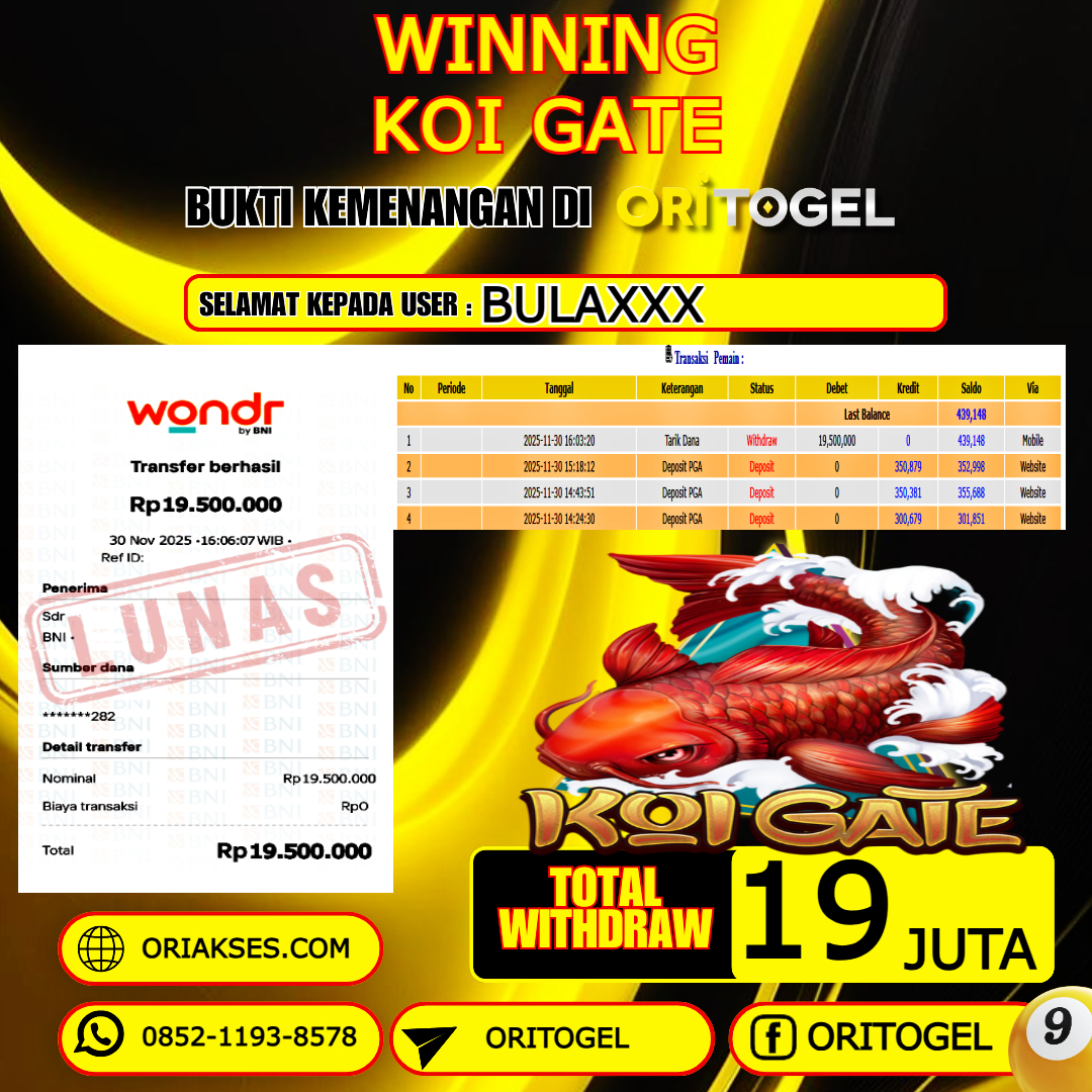   ORITOGEL JACKPOT SLOT KOI GATE RP.19.000.000,- LUNAS USER ID : BULA***