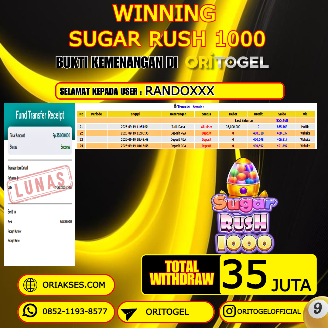 ORITOGEL JACKPOT SLOT SUGAR RUSH 1000 RP.35.000.000,- LUNAS USER ID : RANDO***