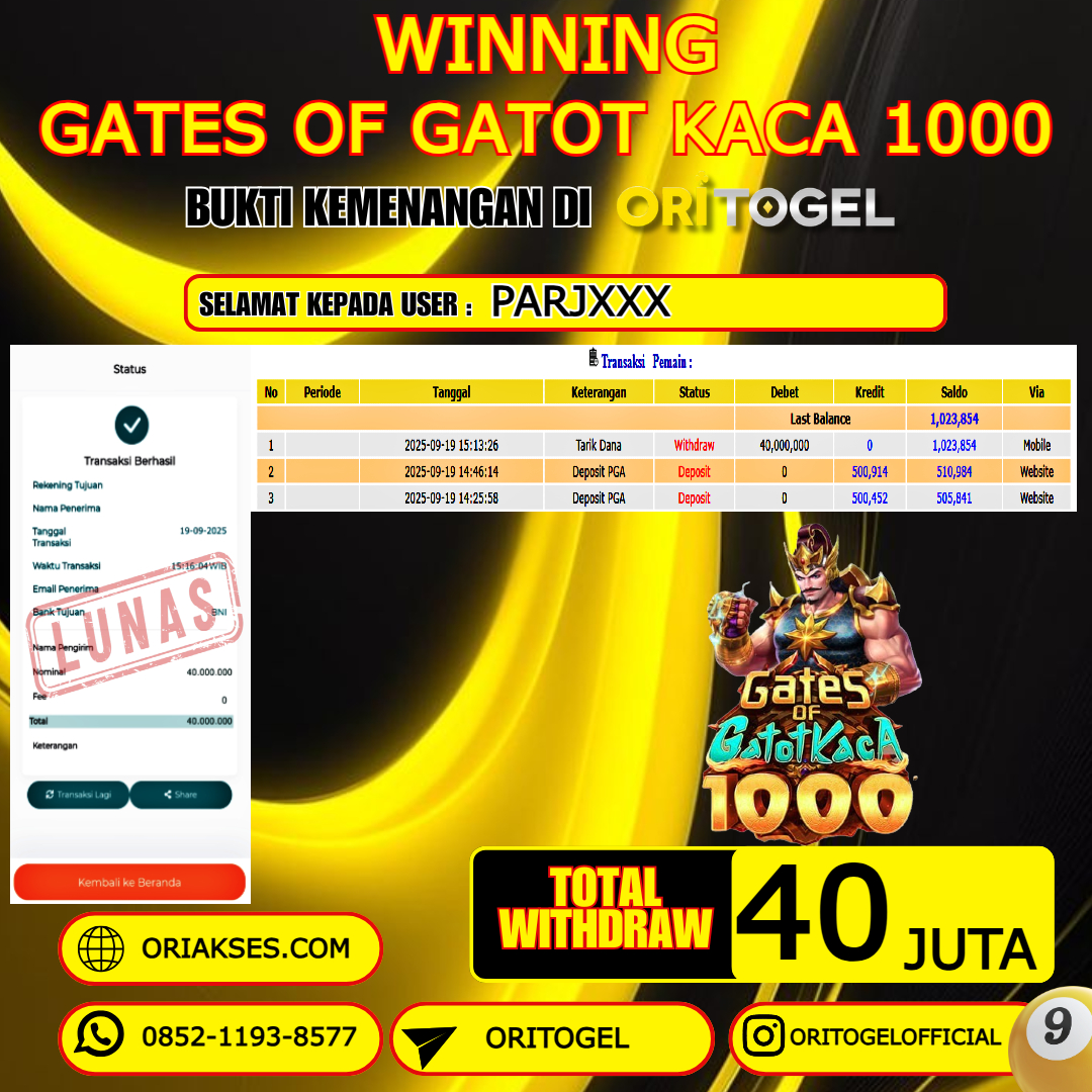 ORITOGEL JACKPOT SLOT GATES OF GATOT KACA 1000 RP.40.000.000,- LUNAS USER ID : PARJ***