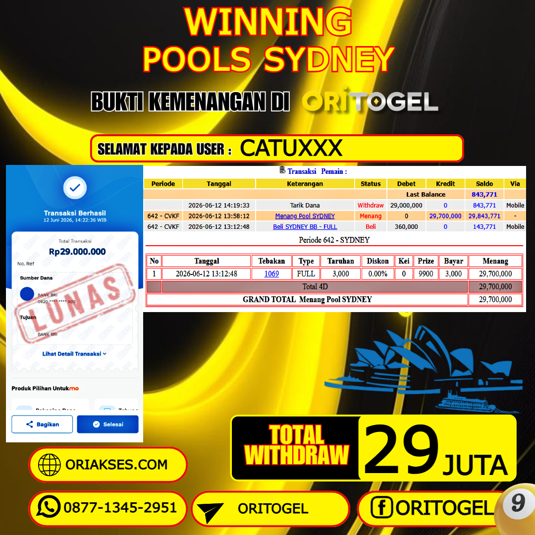 ORITOGEL JACKPOT TOGEL SYDNEY RP.29.000.000,- LUNAS USER ID : CATU***