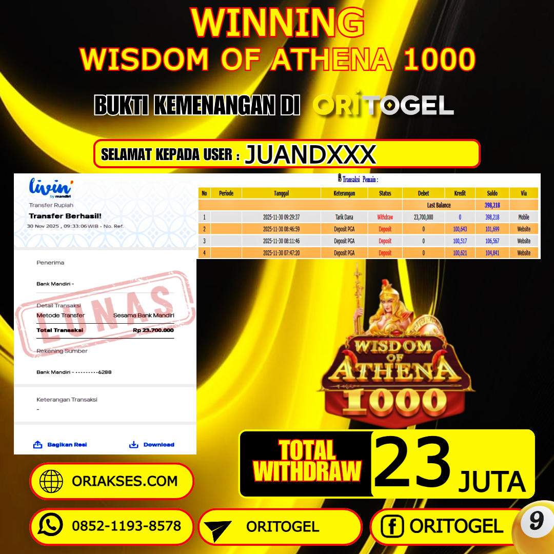   ORITOGEL JACKPOT SLOT WISDOM OF ATHENA 1000 RP.23.000.000,- LUNAS USER ID : JUAND***