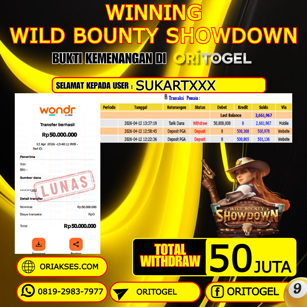 ORITOGEL JACKPOT SLOT WILD BOUNTY SHOWDOWN RP.50.000.000,- LUNAS USER ID : SUKART***