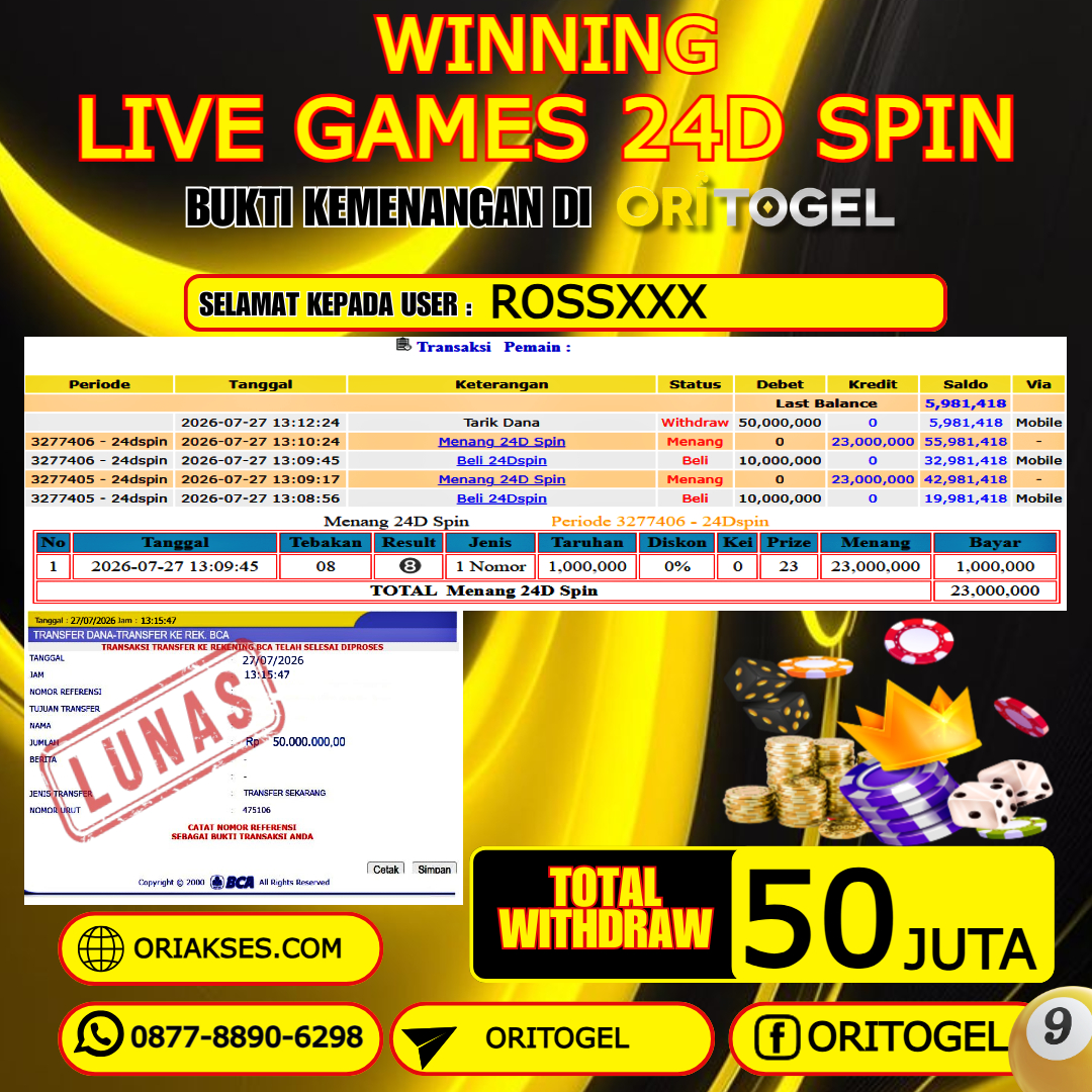  ORITOGEL JACKPOT LIVE GAMES 24D SPIN RP.50.000.000,- LUNAS USER ID : ROSS***