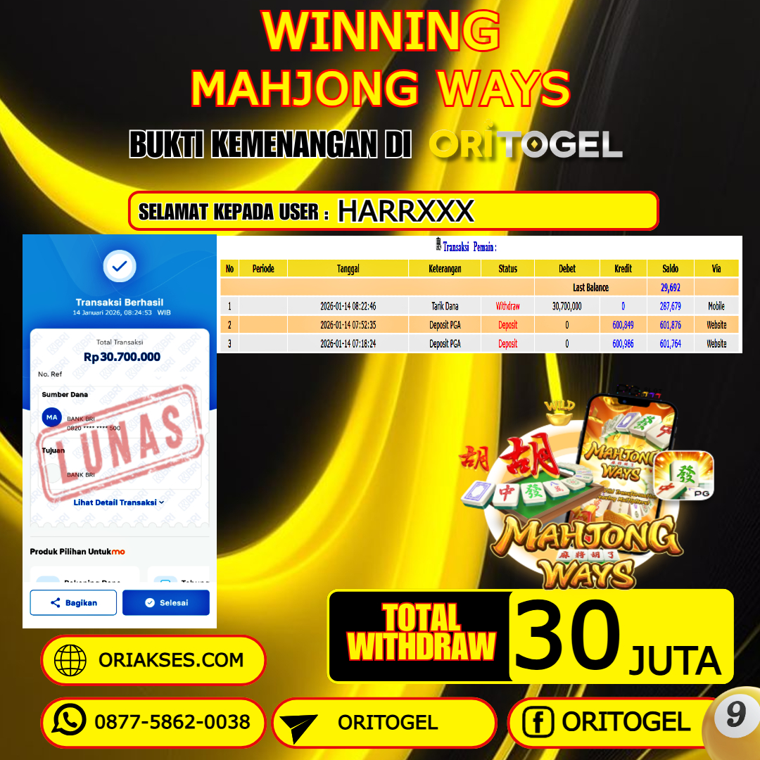    ORITOGEL JACKPOT SLOT MAHJONG WAYS RP.30.000.000,- LUNAS USER ID : HARR***