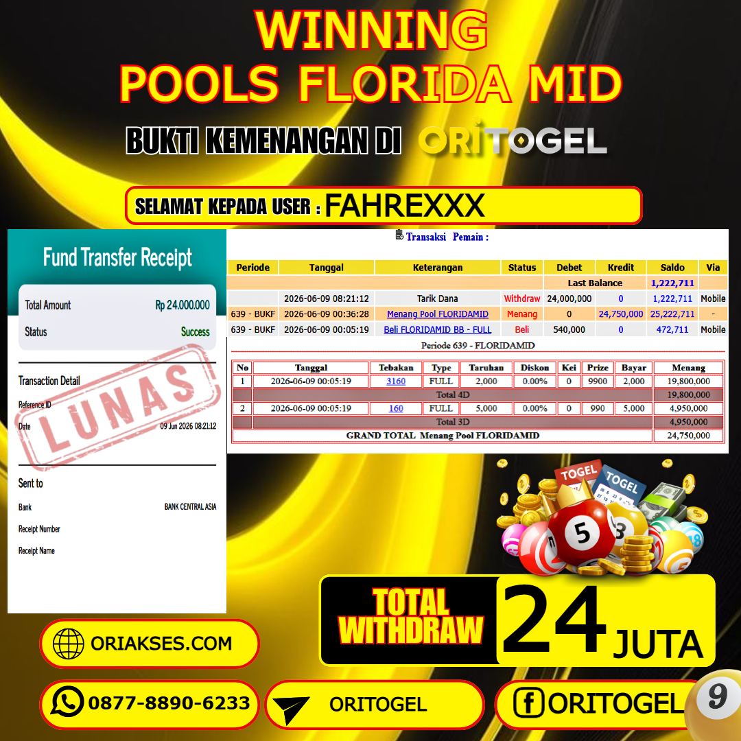 ORITOGEL JACKPOT TOGEL FLORIDA MID RP.24.000.000,- LUNAS USER ID : FAHRE***