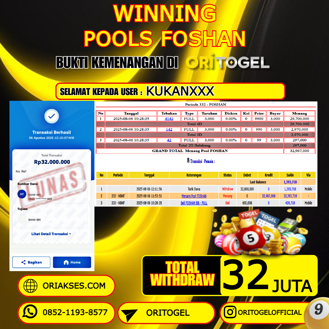 ORITOGEL JACKPOT TOGEL FOSHAN RP.32.000.000,- LUNAS USER ID : KUKAN***