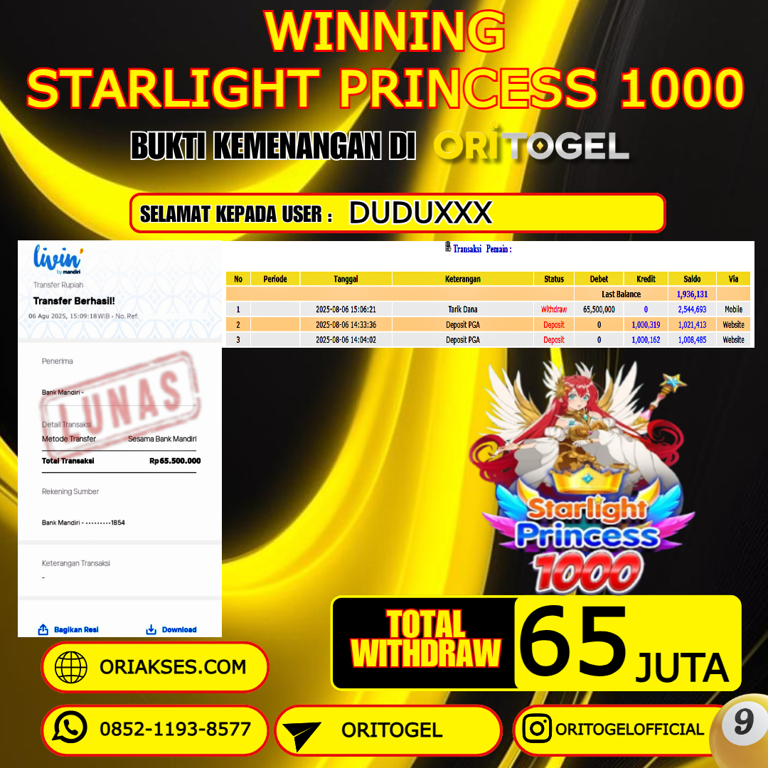 ORITOGEL JACKPOT SLOT STARLIGHT PRINCESS 1000 RP.65.000.000,- LUNAS USER ID : DUDU***
