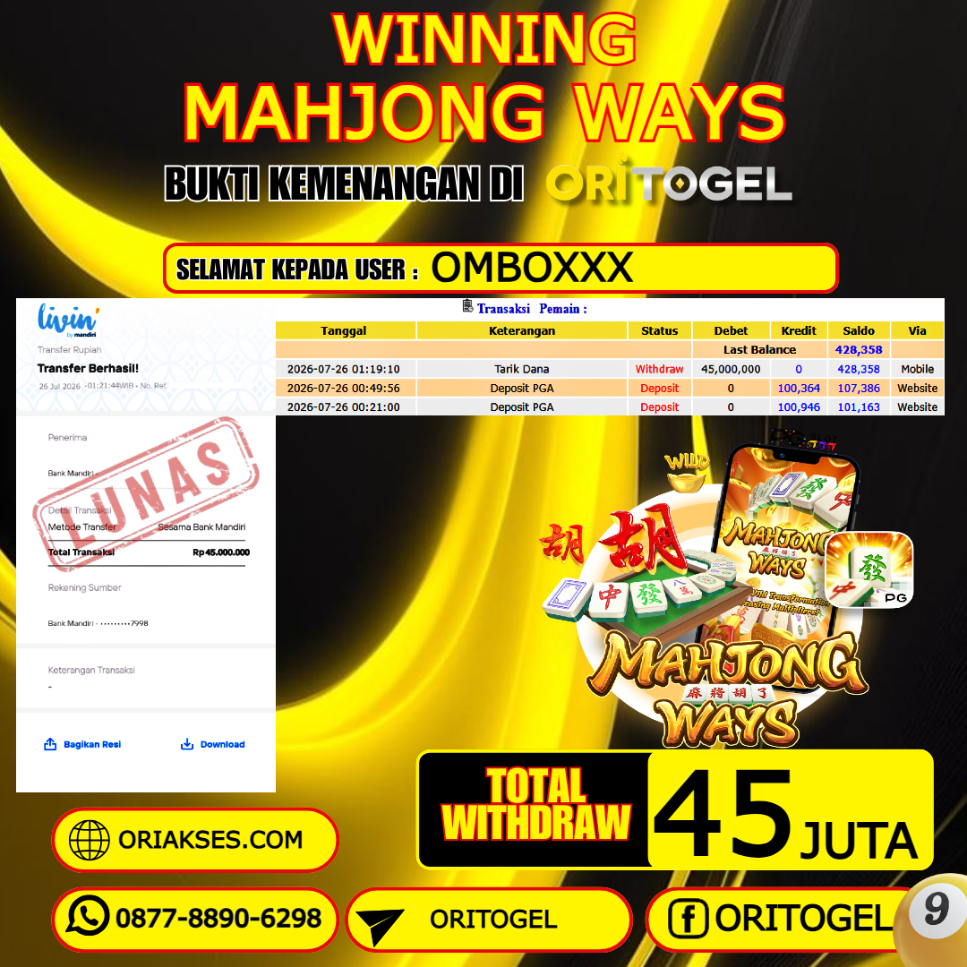  ORITOGEL JACKPOT SLOT MAHJONG WAYS RP.45.000.000,- LUNAS USER ID : OMBO***