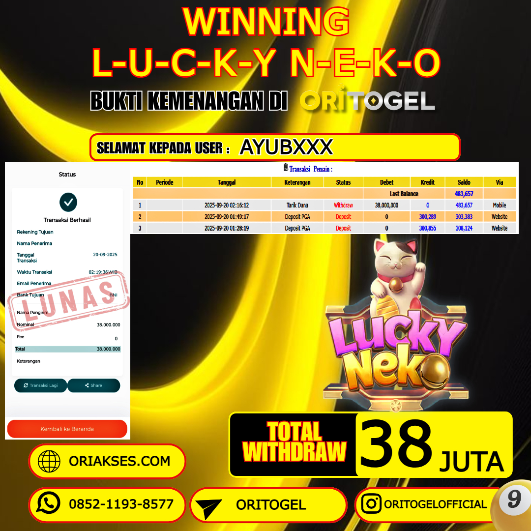 ORITOGEL JACKPOT SLOT LUCKY NEKO RP.38.000.000,- LUNAS USER ID : AYUB****