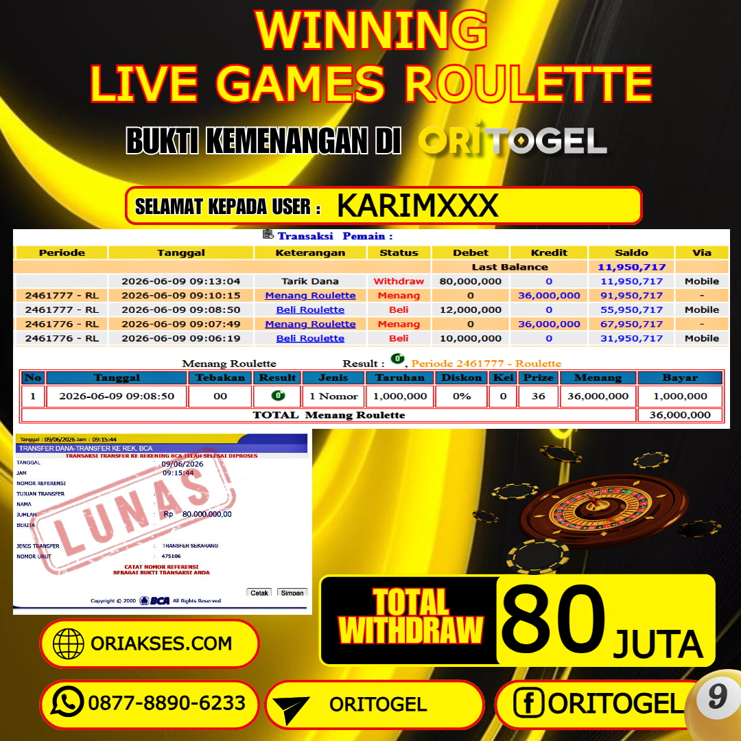 ORITOGEL JACKPOT LIVE GAMES ROULETTE RP.80.000.000,- LUNAS USER ID : KARIM***