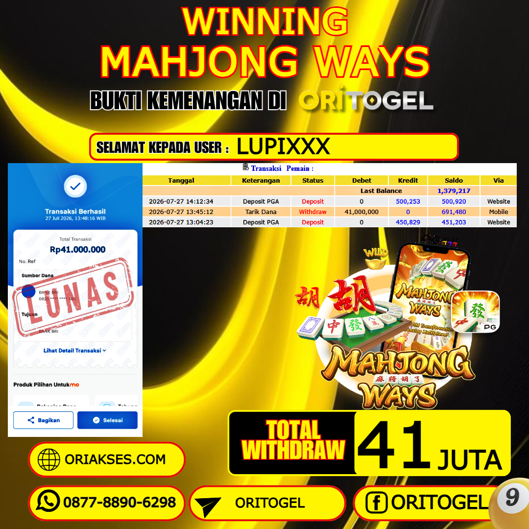  ORITOGEL JACKPOT SLOT MAHJONG WAYS RP.41.000.000,- LUNAS USER ID : LUPI***