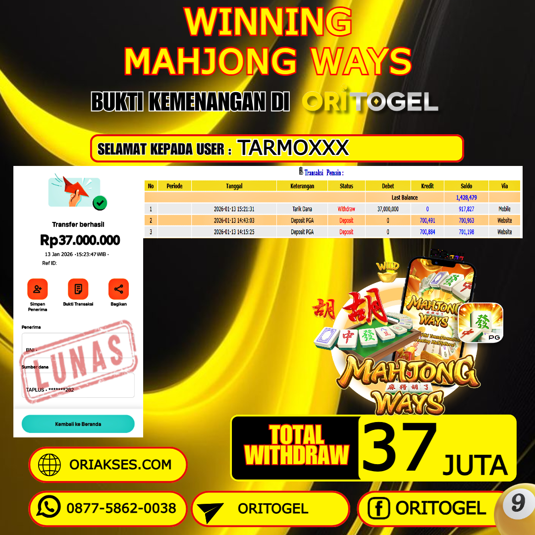    ORITOGEL JACKPOT SLOT MAHJONG WAYS RP.37.000.000,- LUNAS USER ID : TARMO***