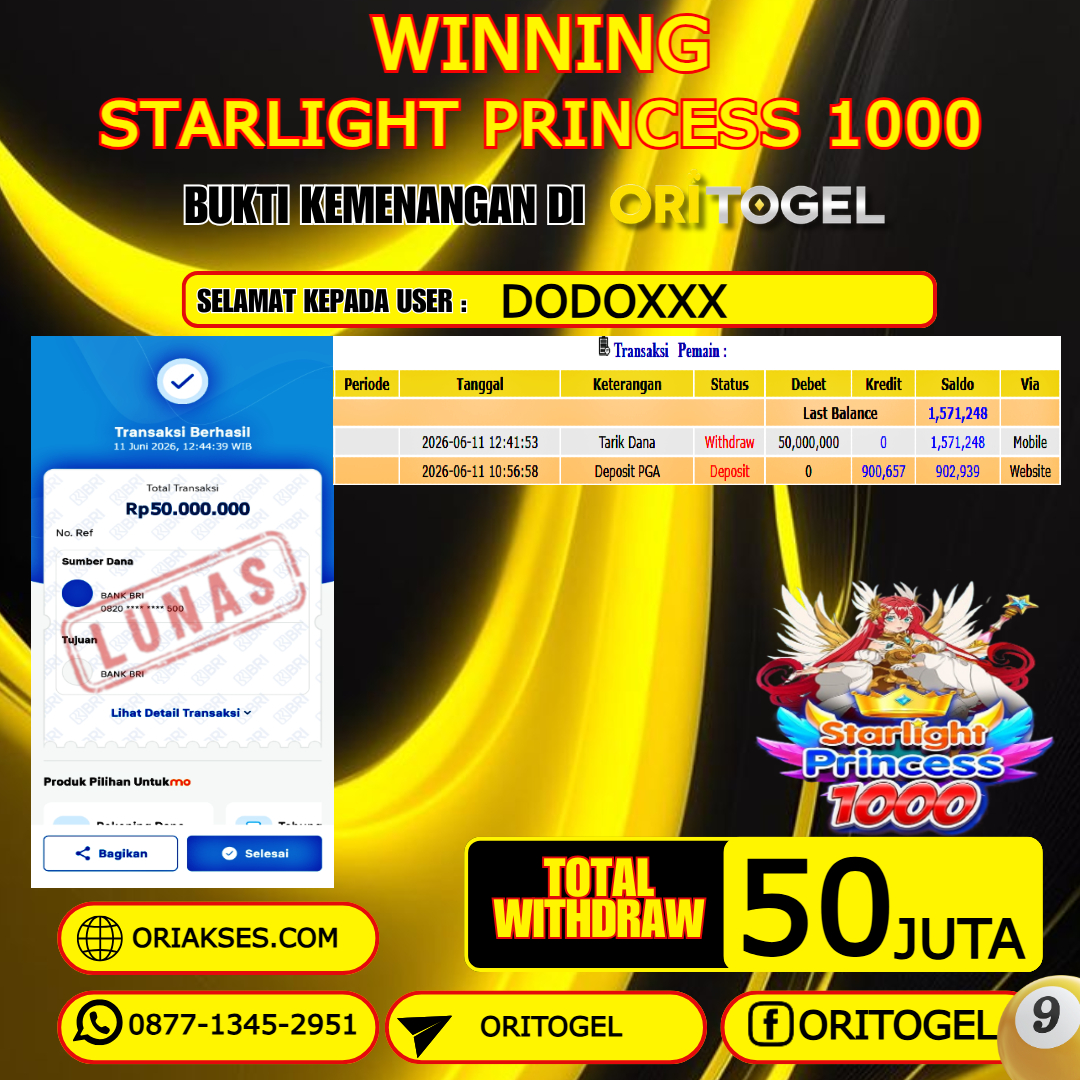 ORITOGEL JACKPOT  SLOT STARLIGHT PRINCESS 1000 RP.50.000.000,- LUNAS USER ID : DODO***
