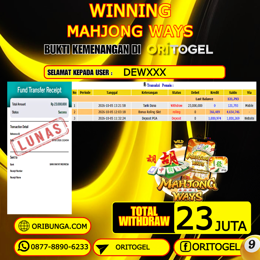 ORITOGEL JACKPOT SLOT MAHJONG WAYS RP.23.000.000,- LUNAS USER ID : DEW***