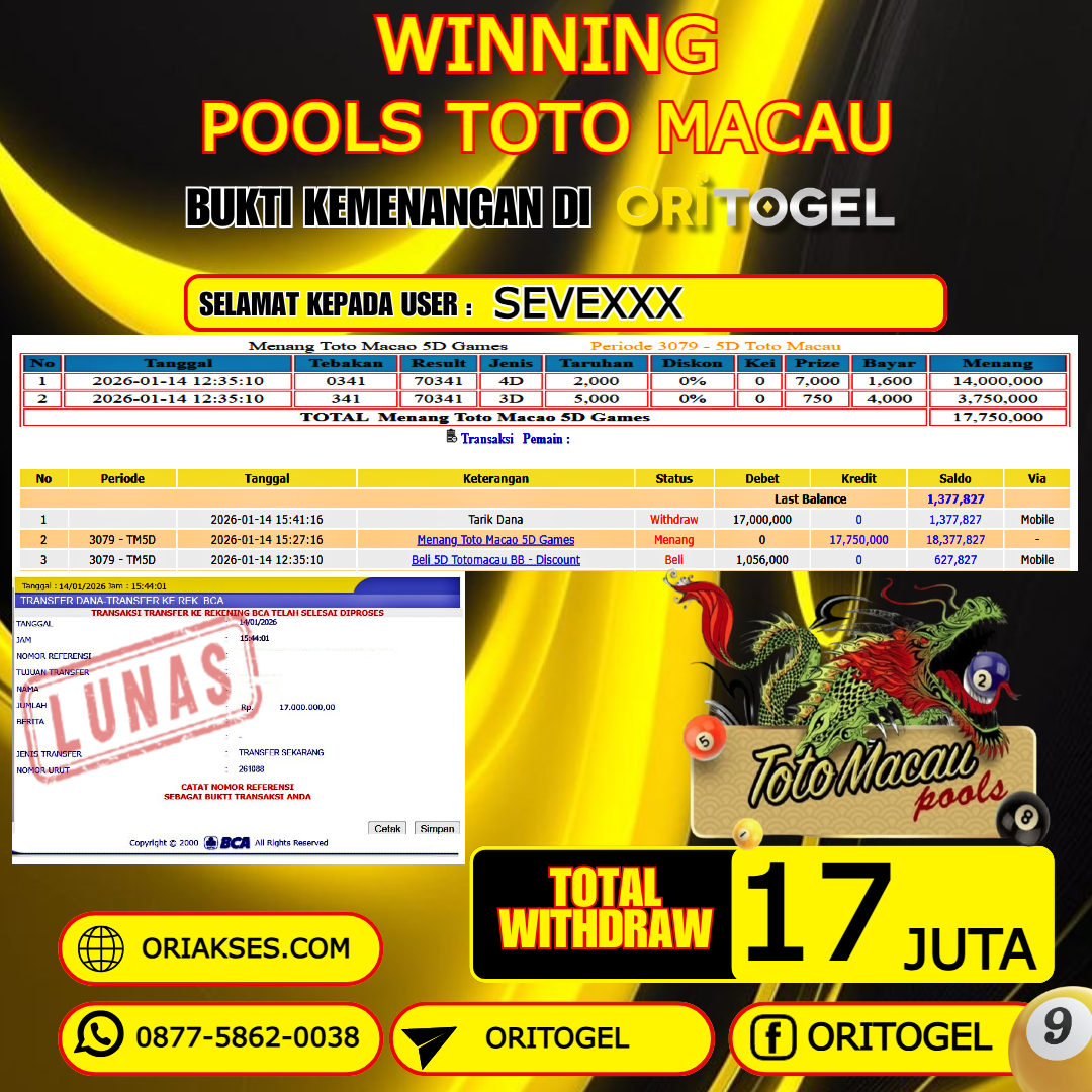    ORITOGEL JACKPOT TOGEL TOTO MACAU RP.17.000.000,- LUNAS USER ID : SEVE***