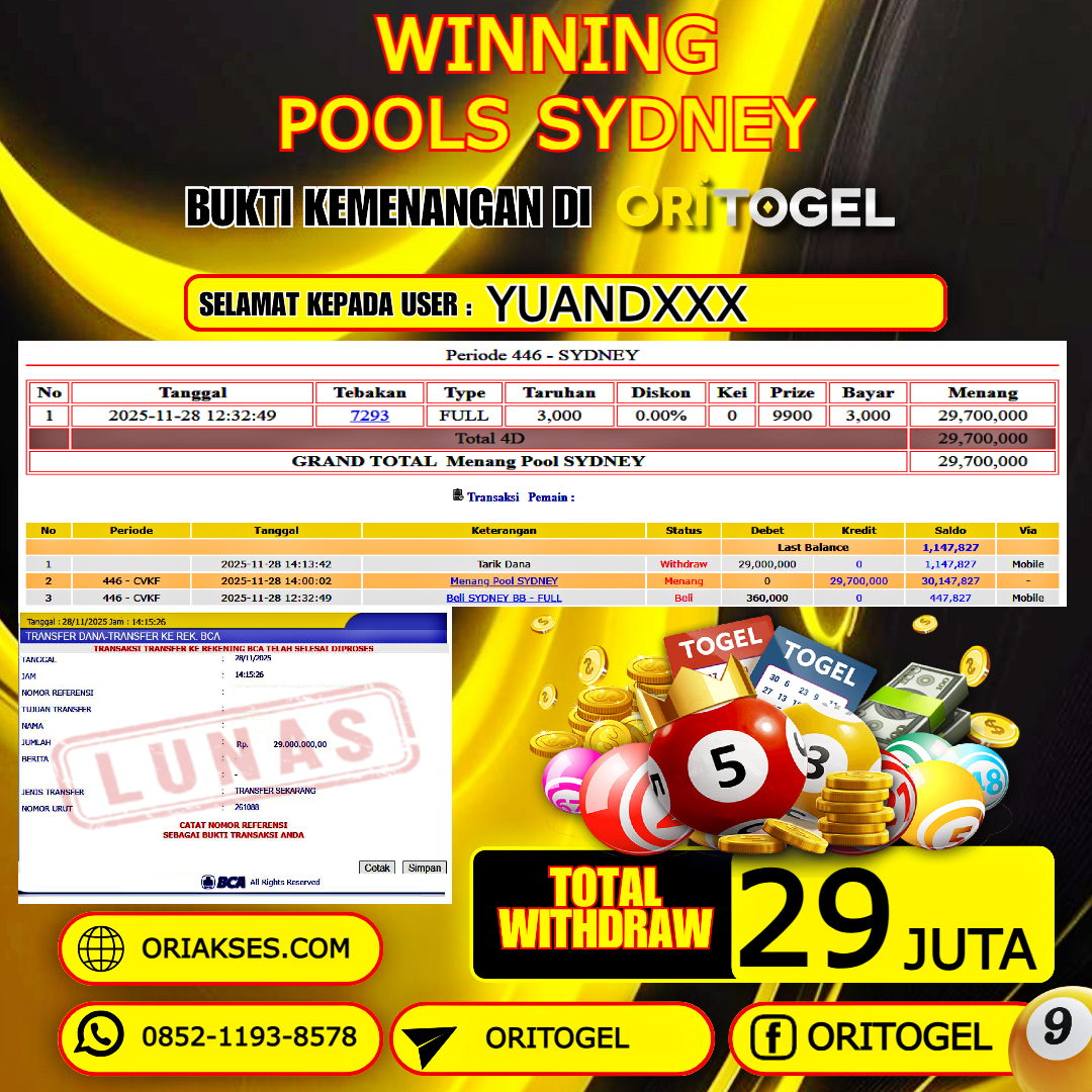   ORITOGEL JACKPOT TOGEL SYDNEY RP.29.000.000,- LUNAS USER ID : YUAND***