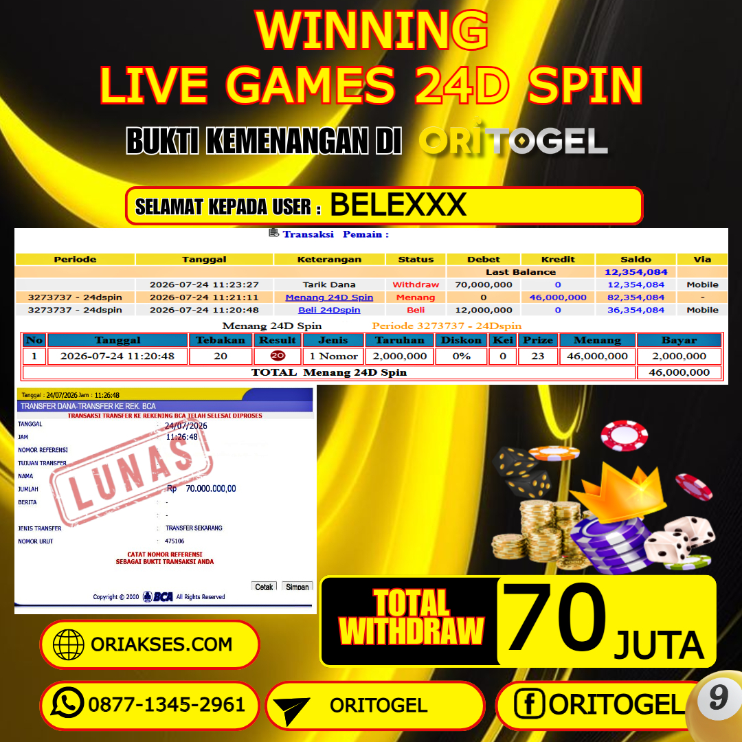  ORITOGEL LIVE GAMES 24D SPIN RP.70.000.000,- LUNAS USER ID : BELE***