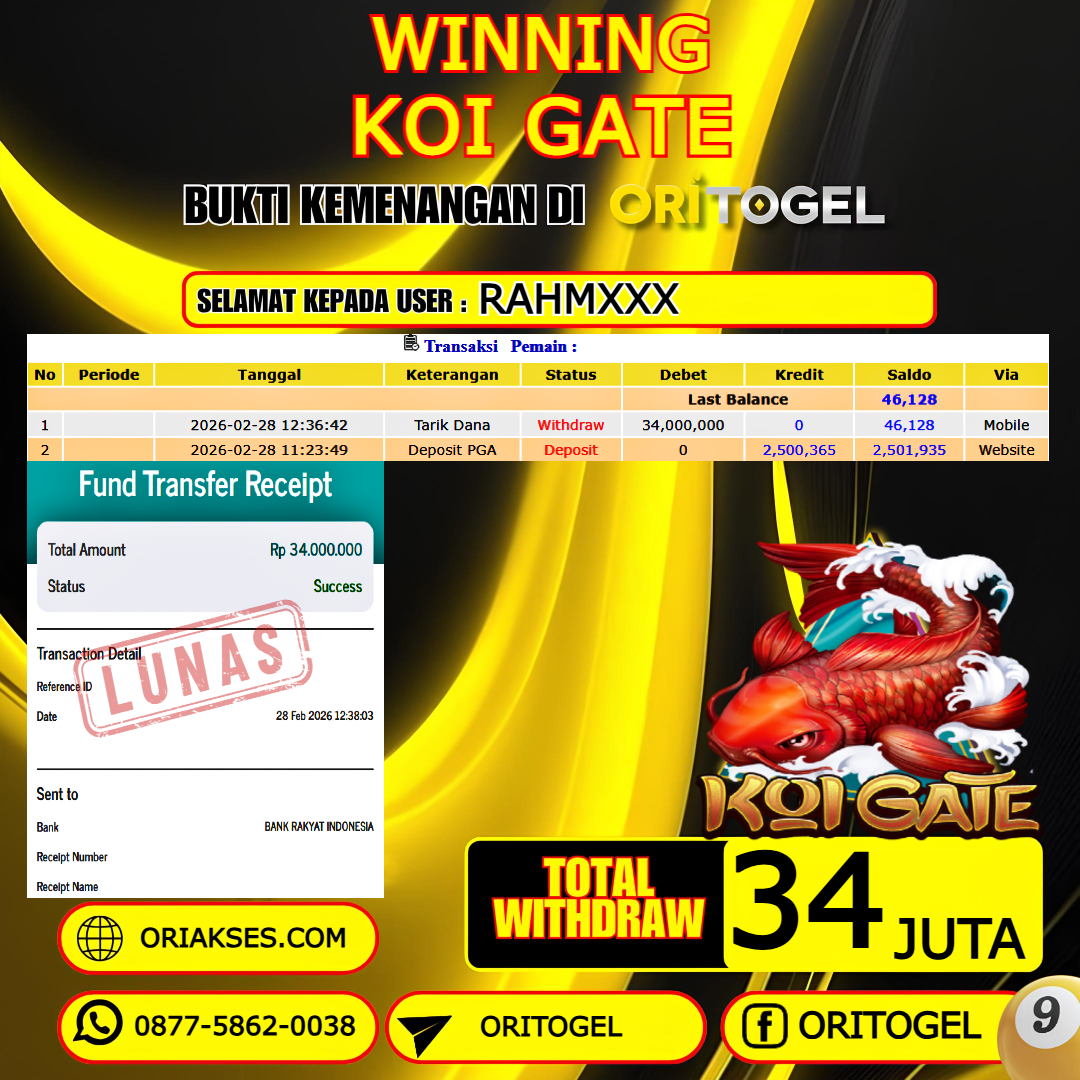    ORITOGEL JACKPOT SLOT KOI GATE RP.34.000.000,- LUNAS USER ID : RAHM***