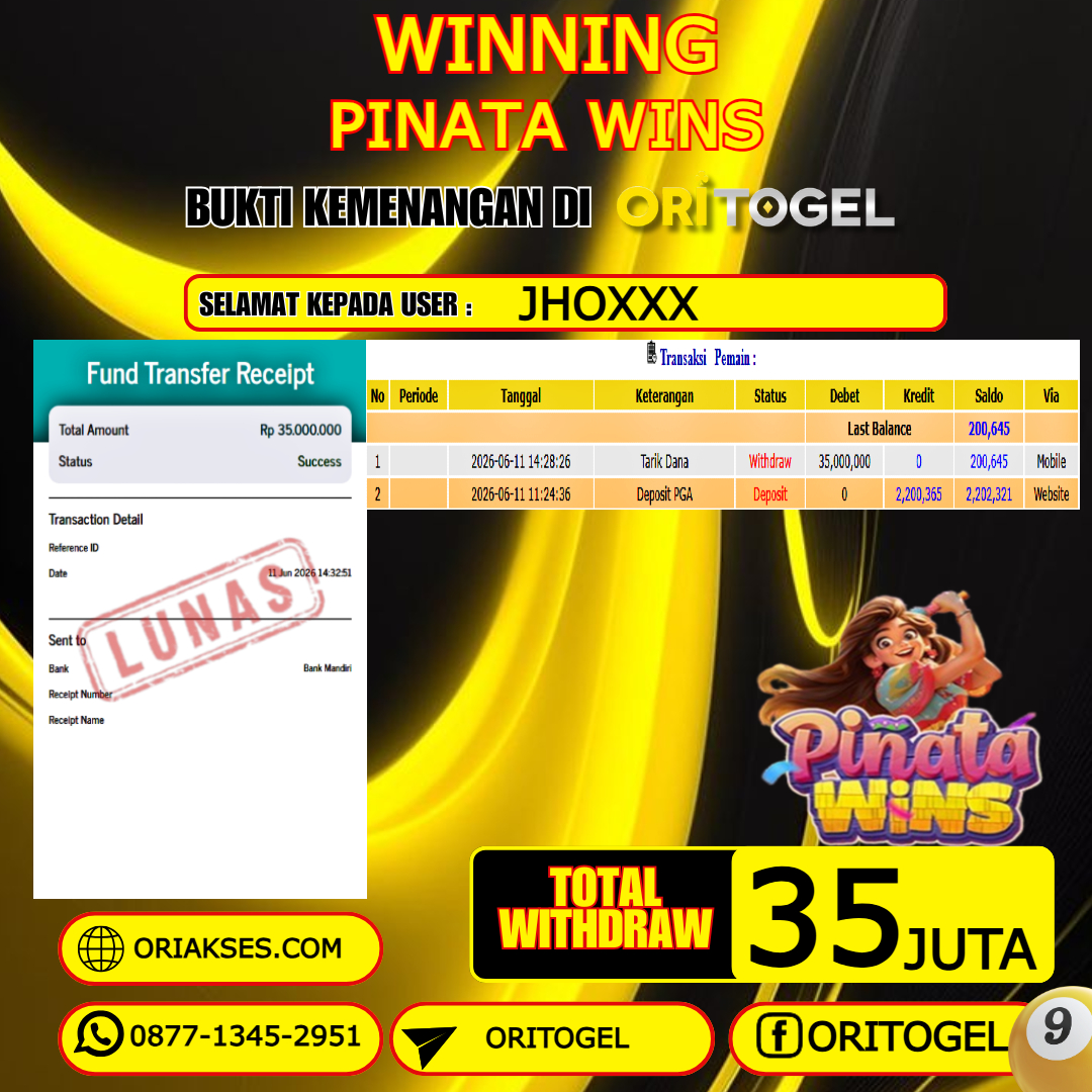 ORITOGEL JACKPOT SLOT PINATA WINS RP.35.000.000,- LUNAS USER ID : JHO***