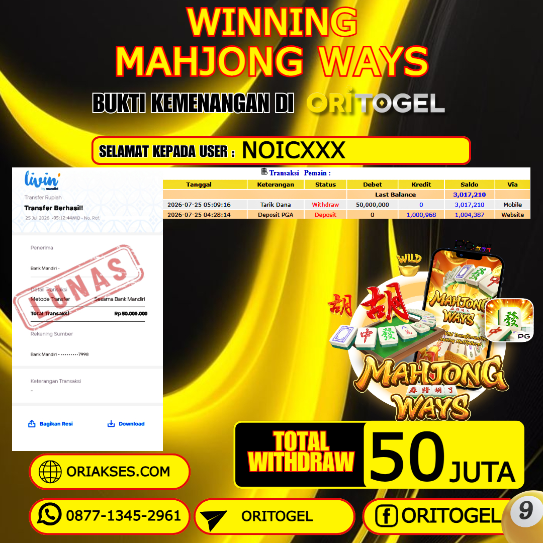  ORITOGEL JACKPOT SLOT MAHJONG WAYS RP.50.000.000,- LUNAS USER ID : NOIC***