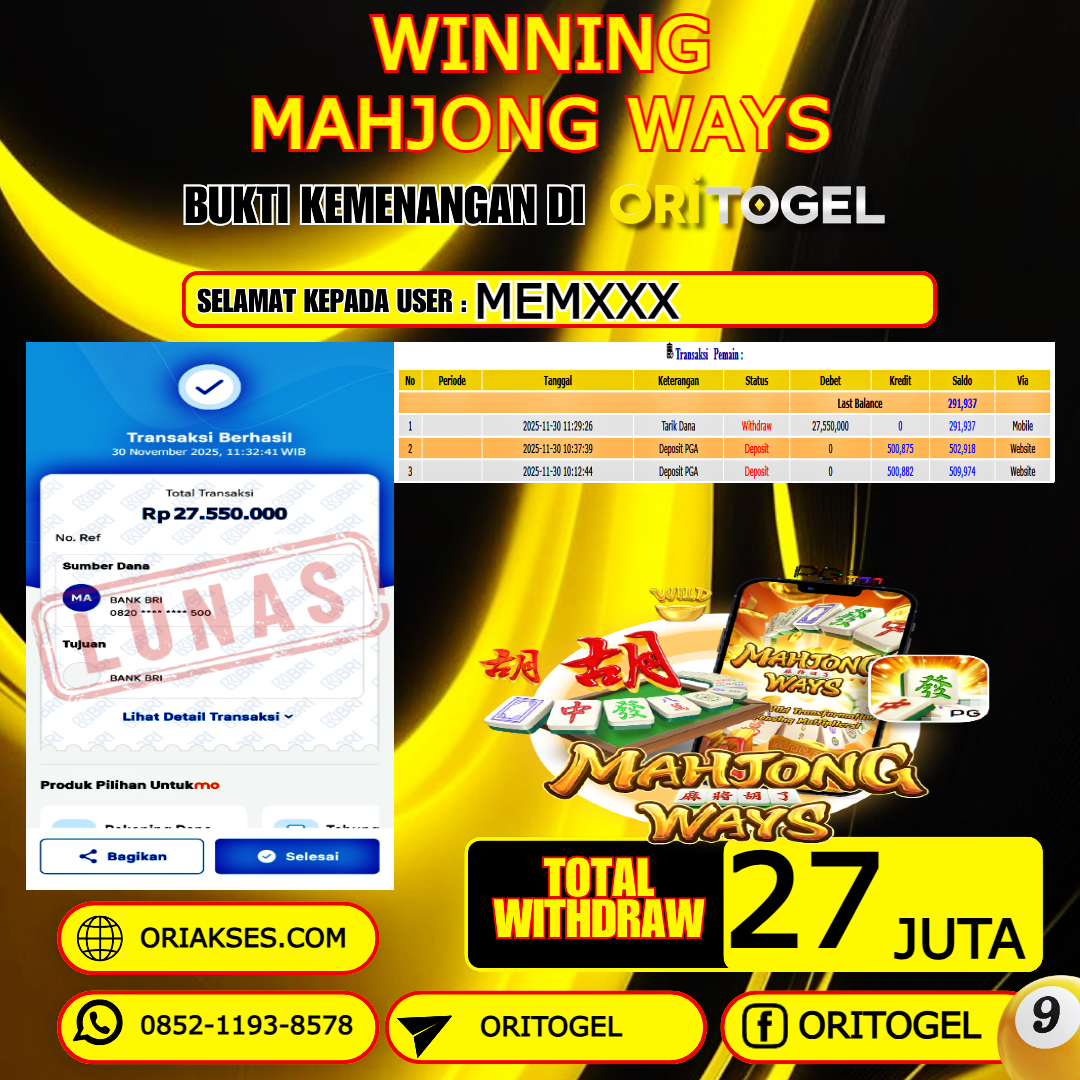   ORITOGEL JACKPOT SLOT MAHJONG WAYS RP.27.000.000,- LUNAS USER ID : MEM***