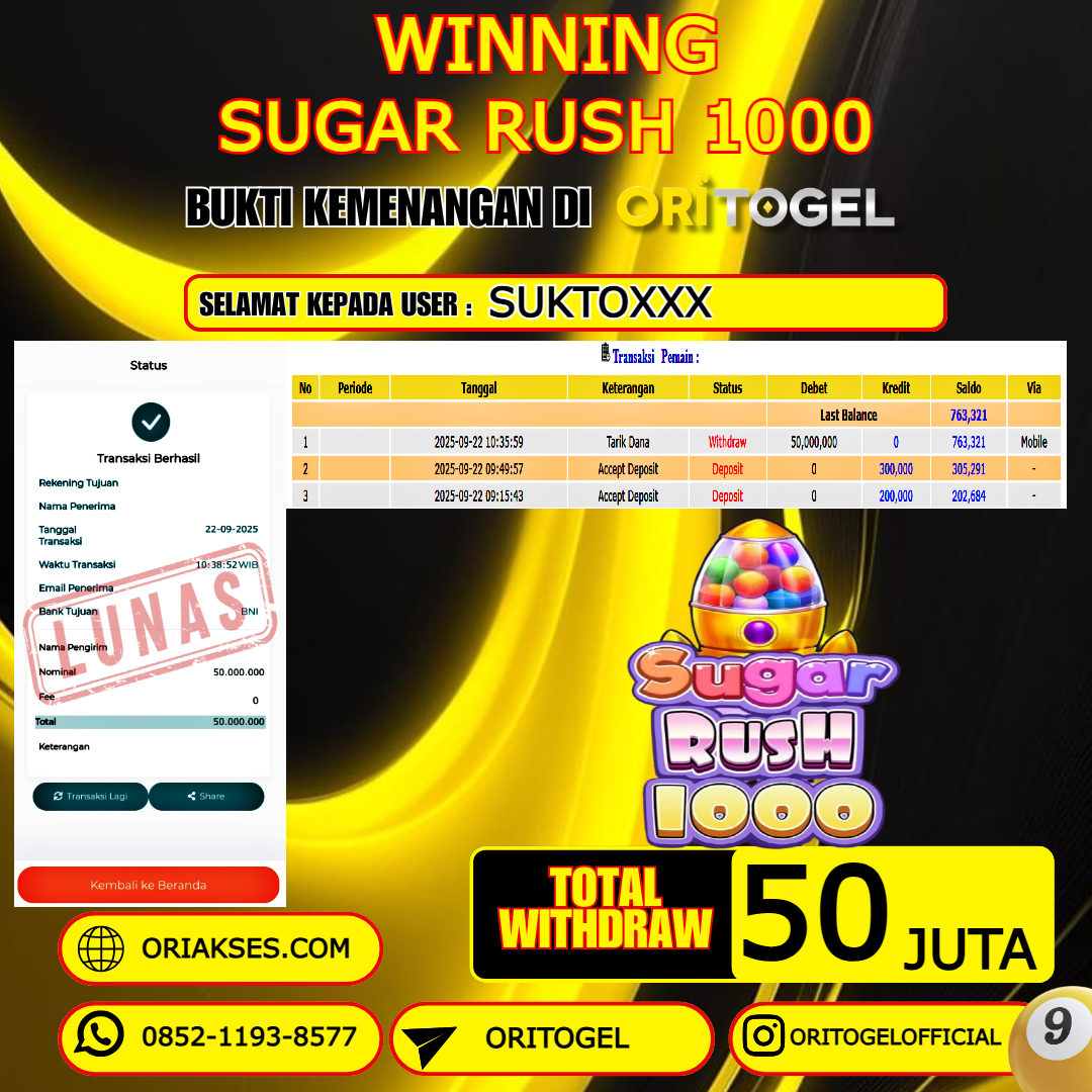 ORITOGEL JACKPOT SLOT SUGAR RUSH 1000 RP.50.000.000,- LUNAS USER ID : SUKTO****