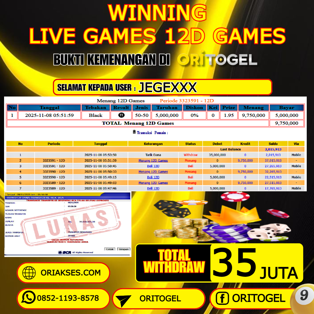 ORITOGEL JACKPOT LIVE GAMES 12D GAMES RP.35.000.000,- LUNAS USER ID : JEGE***