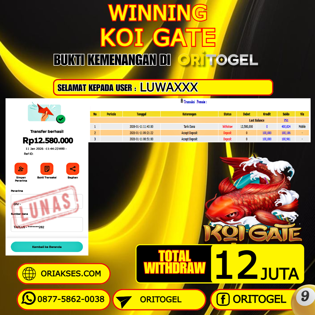    ORITOGEL JACKPOT SLOT KOI GATE RP.12.000.000,- LUNAS USER ID : LUWA***