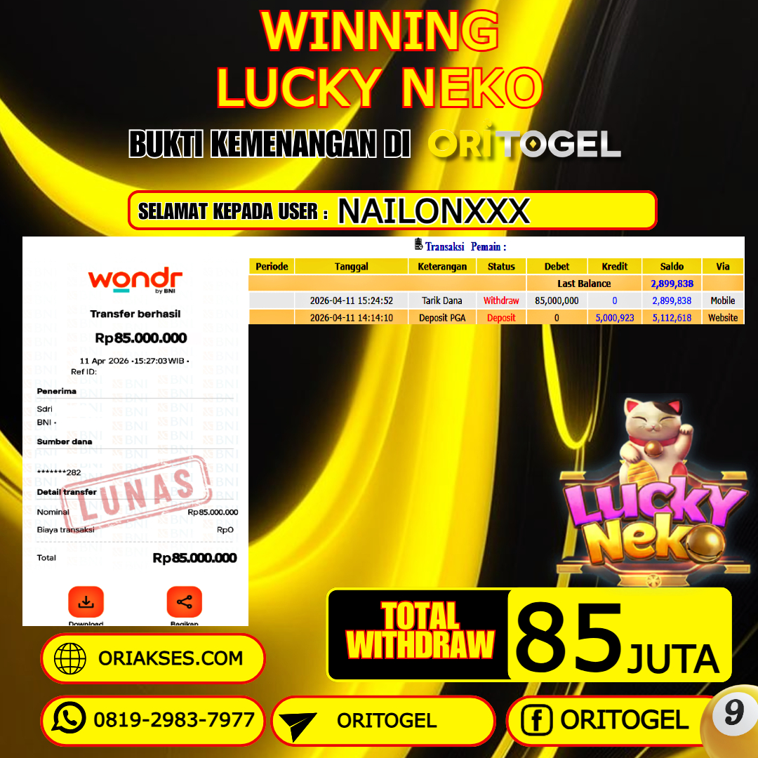 ORITOGEL JACKPOT SLOT LUCKY NEKO RP.85.000.000,- LUNAS USER ID : NAILON***