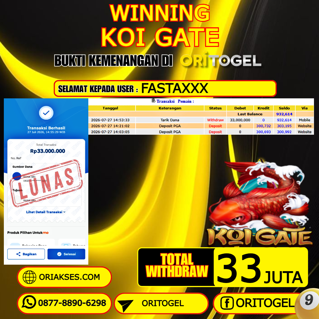  ORITOGEL JACKPOT SLOT KOI GATE RP.33.000.000,- LUNAS USER ID : FASTA***