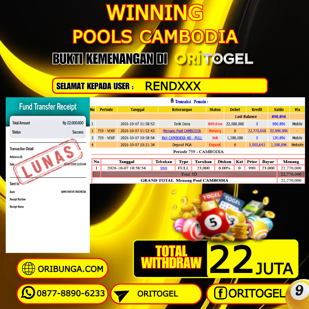 ORITOGEL JACKPOT TOGEL CAMBODIA RP.22.000.000,- LUNAS USER ID : REND***