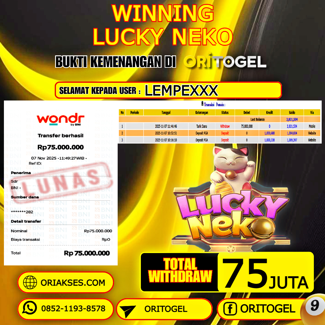 ORITOGEL JACKPOT SLOT LUCKY NEKO RP.75.000.000,- LUNAS USER ID : LEMPE***