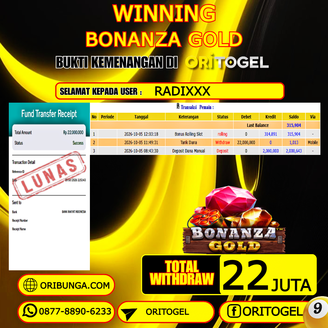 ORITOGEL JACKPOT SLOT BONANZA GOLD RP.22.000.000,- LUNAS USER ID : RADI***