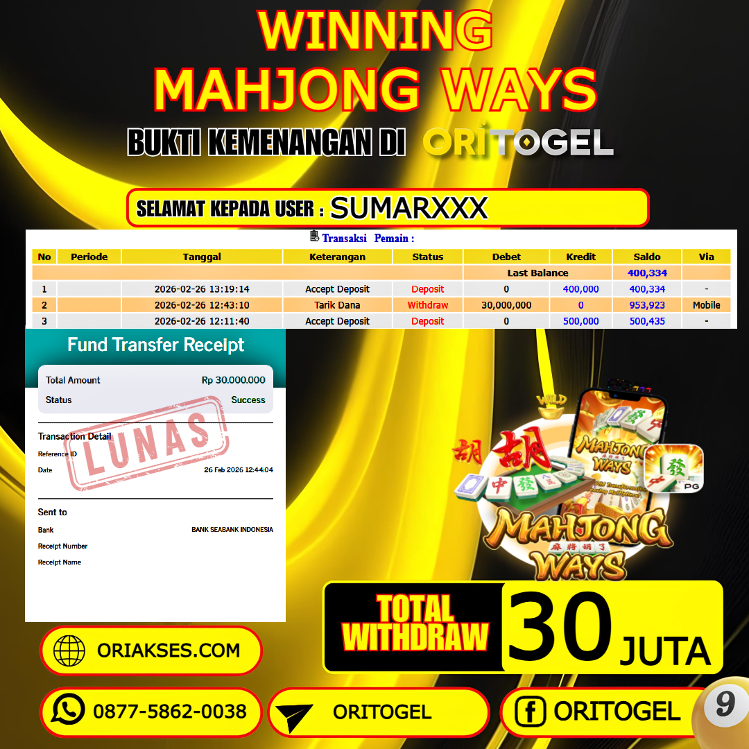    ORITOGEL JACKPOT SLOT MAHJONG WAYS RP.30.000.000,- LUNAS USER ID : SUMAR***