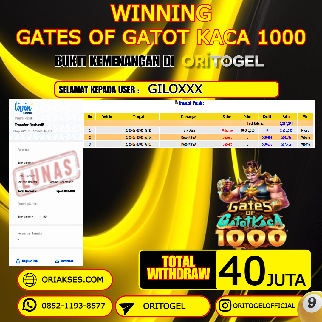 ORITOGEL JACKPOT SLOT GATES OF GATOT KACA 1000 RP.40.000.000,- LUNAS USER ID : GILO***