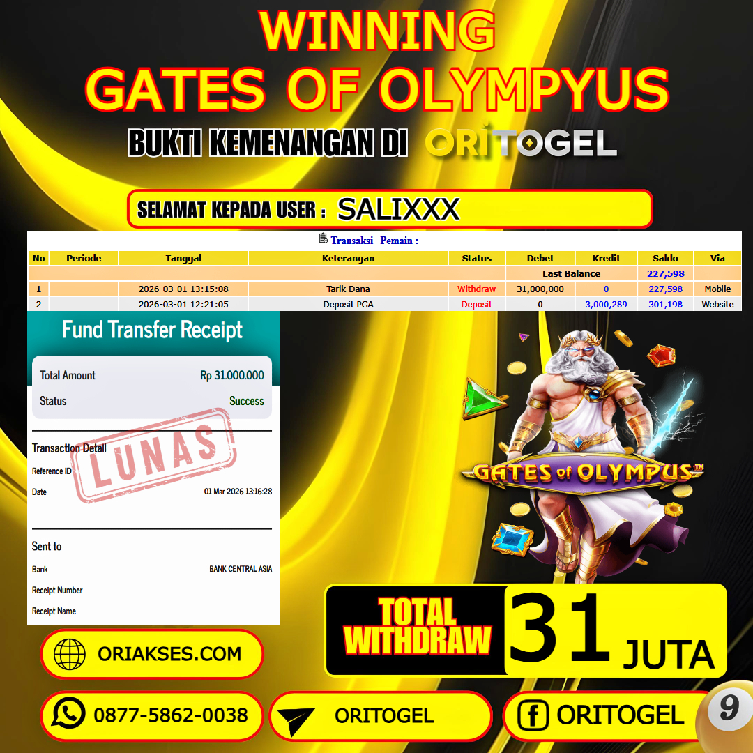    ORITOGEL JACKPOT SLOT GATES OF OLYMPUS RP.31.000.000,- LUNAS USER ID : SALI***