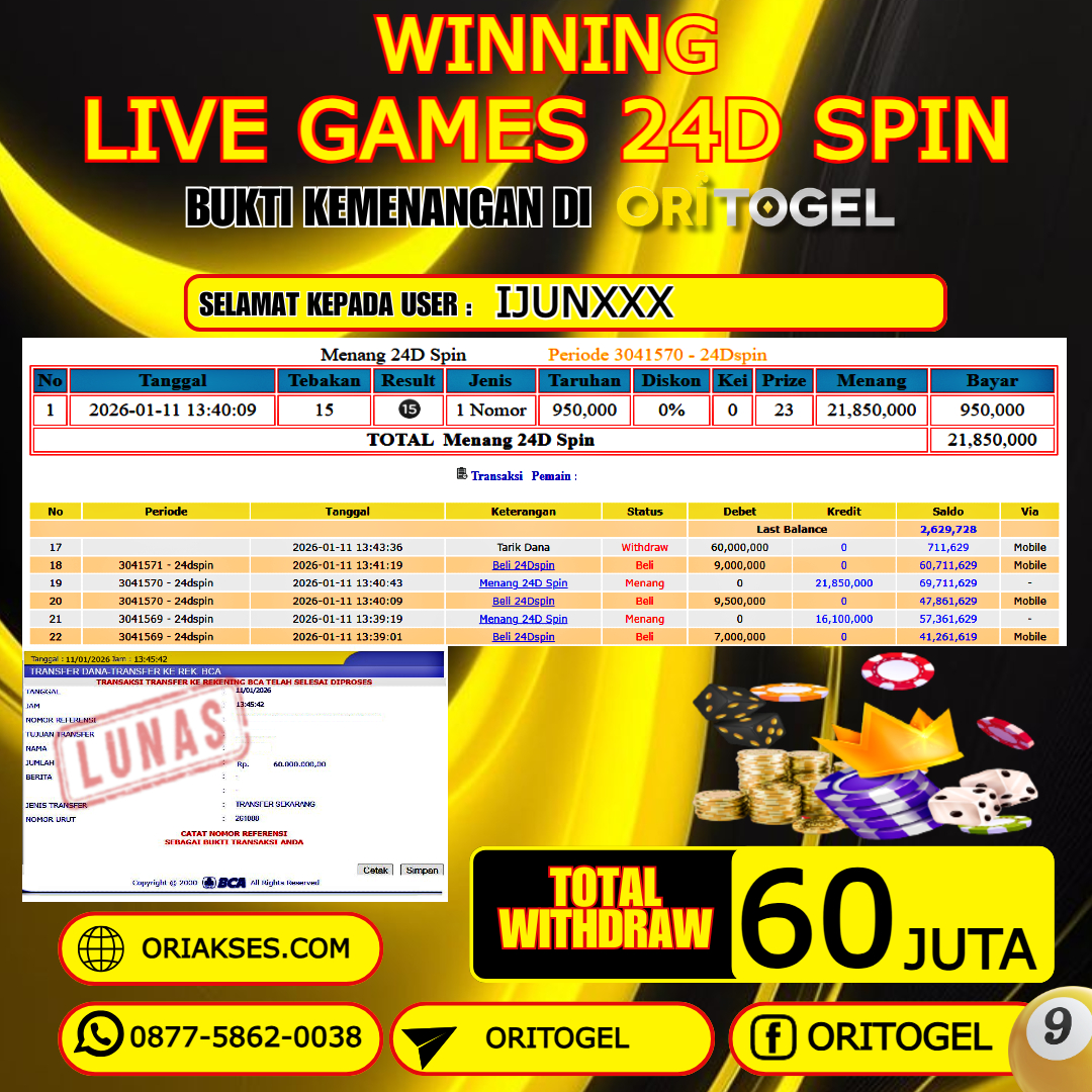    ORITOGEL JACKPOT LIVE GAMES 24D SPIN RP.60.000.000,- LUNAS USER ID : IJUN***