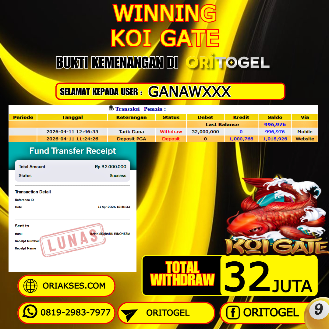 ORITOGEL JACKPOT SLOT KOI GATE RP.32.000.000,- LUNAS USER ID : GANAW***