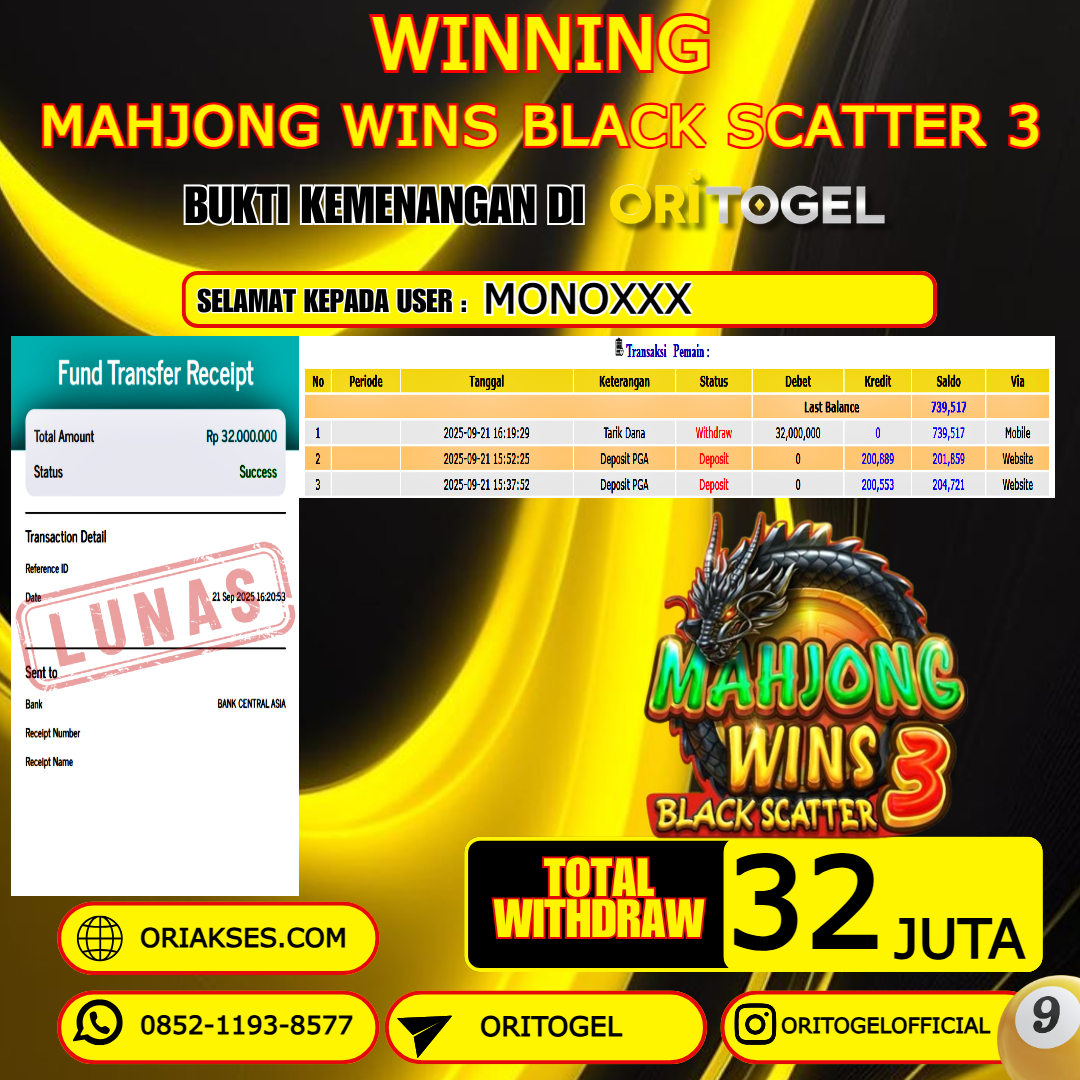 ORITOGEL JACKPOT SLOT MAHJONG WINS BLACK SCATTER 3 RP.32.000.000,- LUNAS USER ID : MONO****