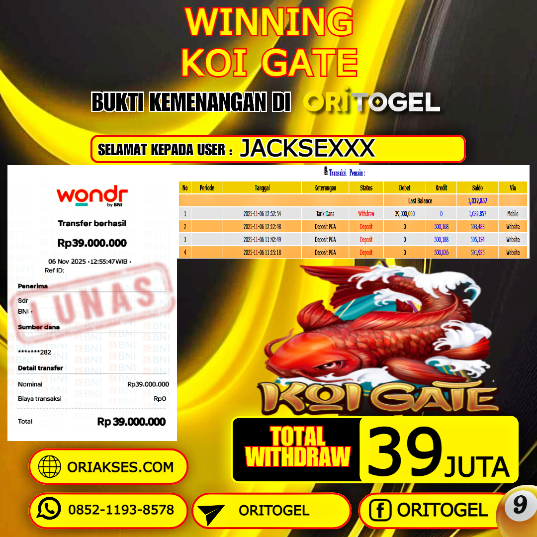 ORITOGEL JACKPOT SLOT KOI GATE RP.39.000.000,- LUNAS USER ID : JACKSE***