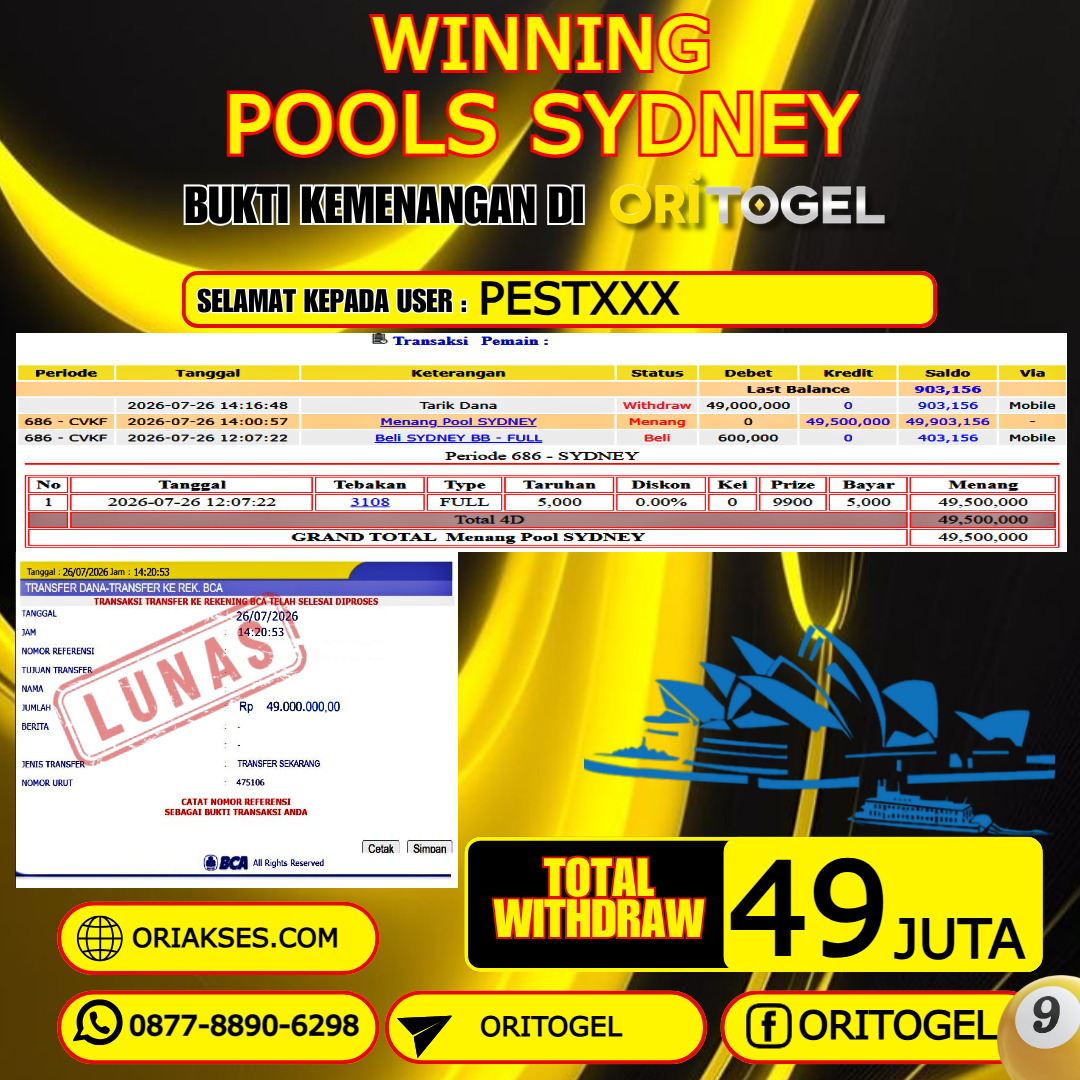  ORITOGEL JACKPOT TOGEL SYDNEY RP.49.000.000,- LUNAS USER ID : PEST***