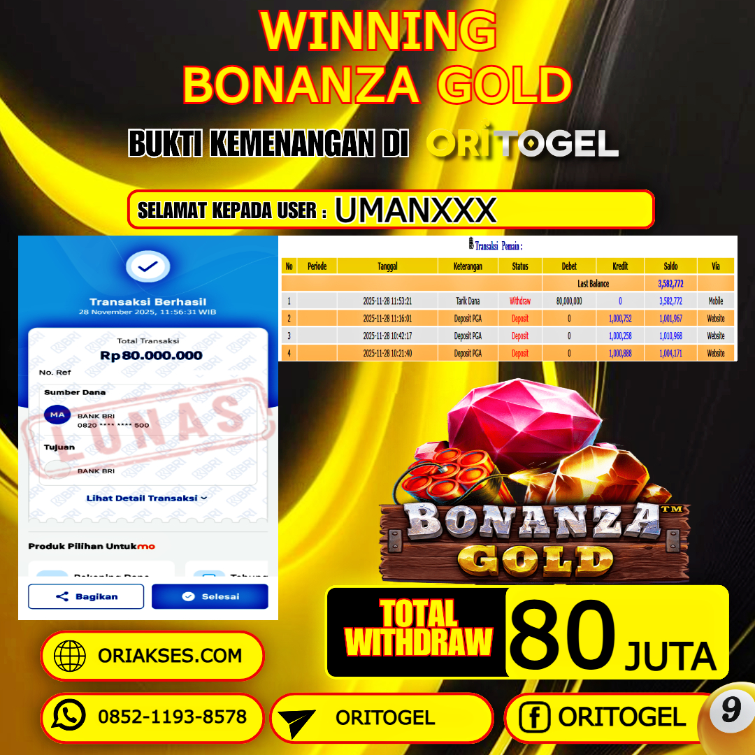 ORITOGEL JACKPOT SLOT BONANZA GOLD RP.80.000.000,- LUNAS USER ID : UMAN***