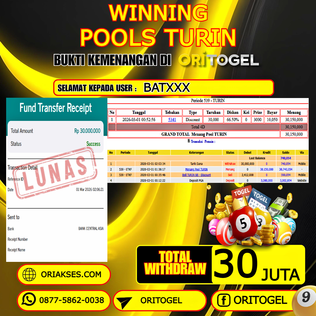    ORITOGEL JACKPOT TOGEL TURIN RP.30.000.000,- LUNAS USER ID :BAT***