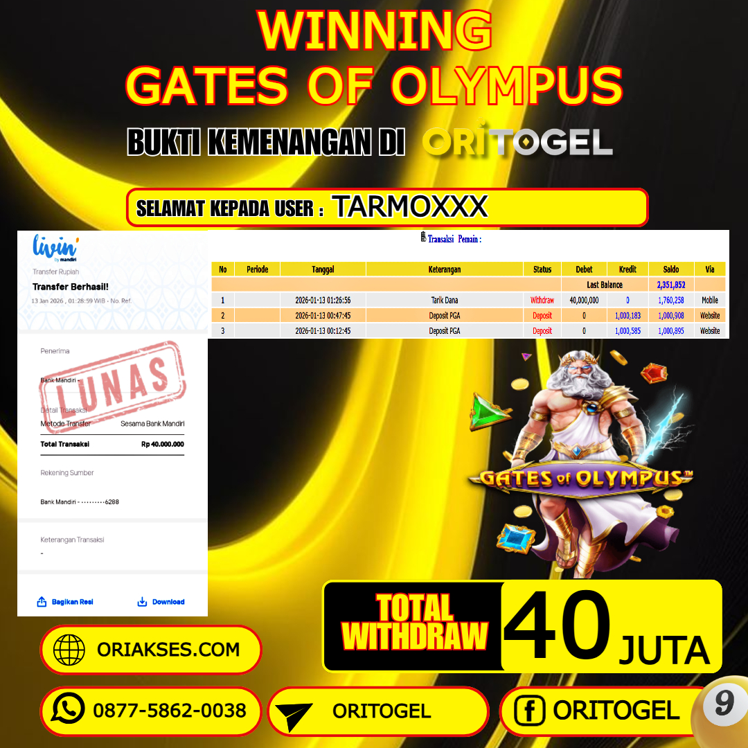    ORITOGEL JACKPOT SLOT GATES OF OLYMPUS RP.40.000.000,- LUNAS USER ID : TARMO***