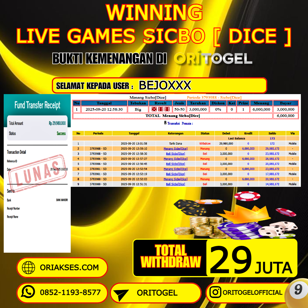ORITOGEL JACKPOT LIVE GAMES SICBO DICE RP.29.000.000,- LUNAS USER ID : BEJO****