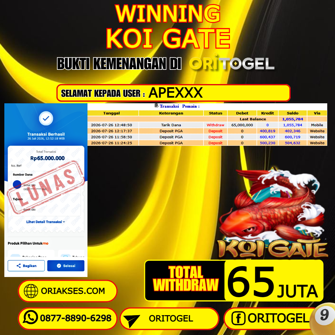  ORITOGEL JACKPOT SLOT KOI GATE RP.65.000.000,- LUNAS USER ID : APE***